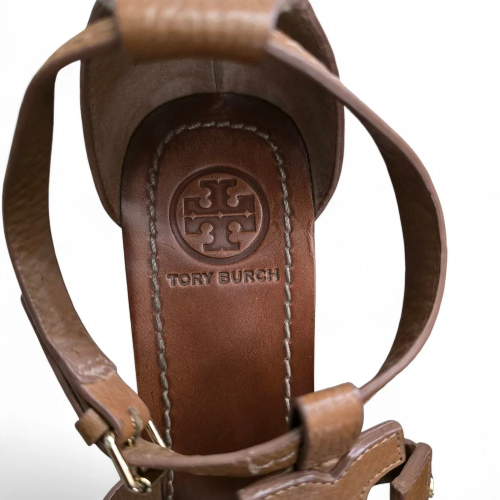 TORY BURCH Chandler Tumbled Leather Wedge Sandals – Size 9.5 - Picture 3 of 13